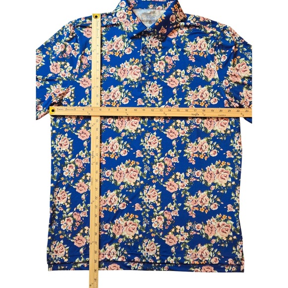 1764 Floral Print Blue Short Sleeve Golf Polo Shirt Men's Size L - Picture 2 of 4